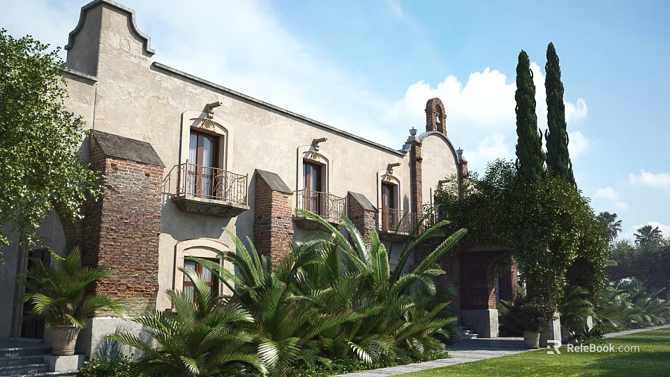 Spanish Style Detached Villa with Stone Brick Exterior Surrounded by Palm Trees and Greenery 3d model 