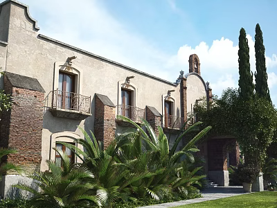 Spanish Style Detached Villa with Stone Brick Exterior Surrounded by Palm Trees and Greenery 3d model