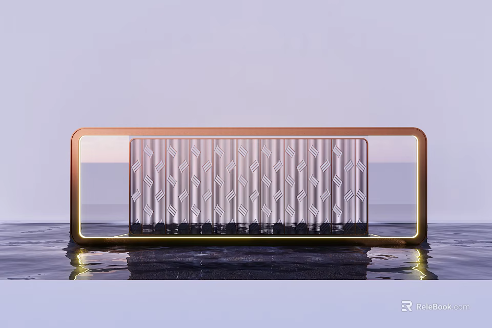 Elegant Modern Feature Wall Design With Metal Frame Glass Panel And Water Reflection 3d model