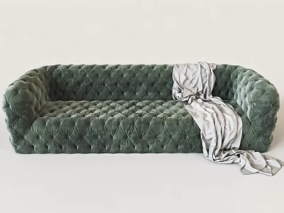 Green Velvet Two Seater Sofa With Tufted Design And Striped Blanket 3d model