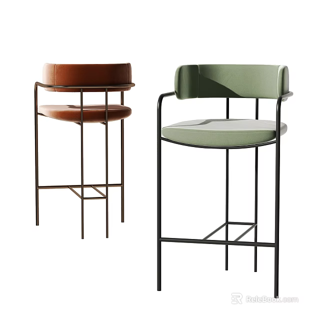 Modern Brown And Green Bar Stools With Leather Seats And Metal Frames Design 3d model 