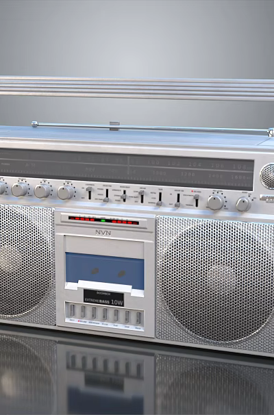 Vintage Silver Computer Audio Boombox with Classic Speaker System and Control Panel Design 3d model