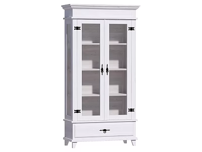White Decorative Cabinet With Glass Doors Black Metal Hardware And Drawer 3d model