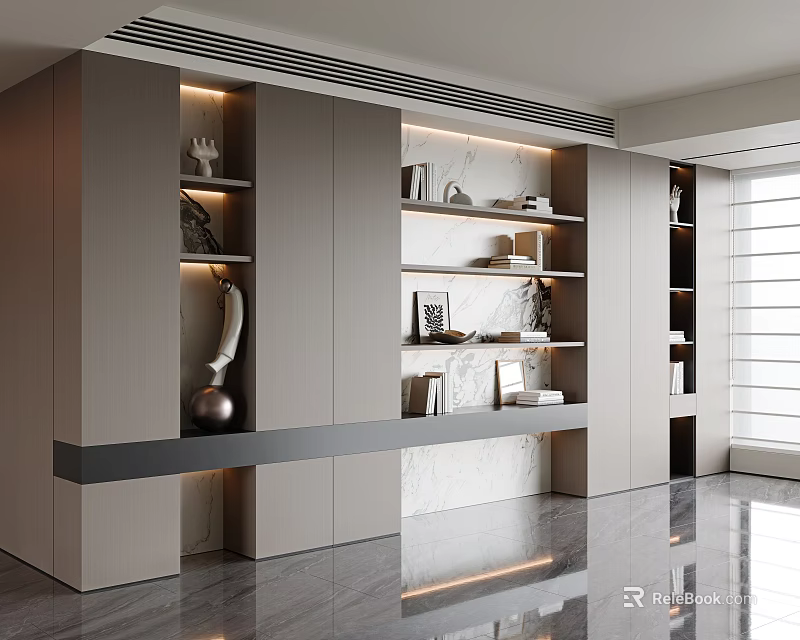 Modern Bookcase Interior Design with Marble Shelves Books Photo Frames and Decorations 3d model 