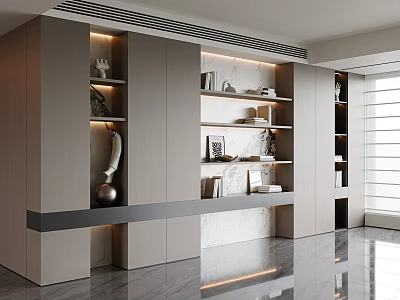 Modern Bookcase Interior Design with Marble Shelves Books Photo Frames and Decorations 3d model