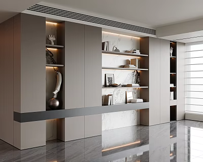 Modern Bookcase Interior Design with Marble Shelves Books Photo Frames and Decorations 3d model