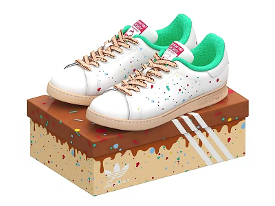 Stylish White Shoes With Colorful Sprinkles Green Tongue And Beige Laces On Decorated Box 3d model