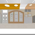 Bright School Interior With Yellow Ceiling Round Lights And Wall Display Frames 3d model