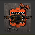 Orange Mechanical Robot Character With Black White Details Platform Traffic Cone And Tools
