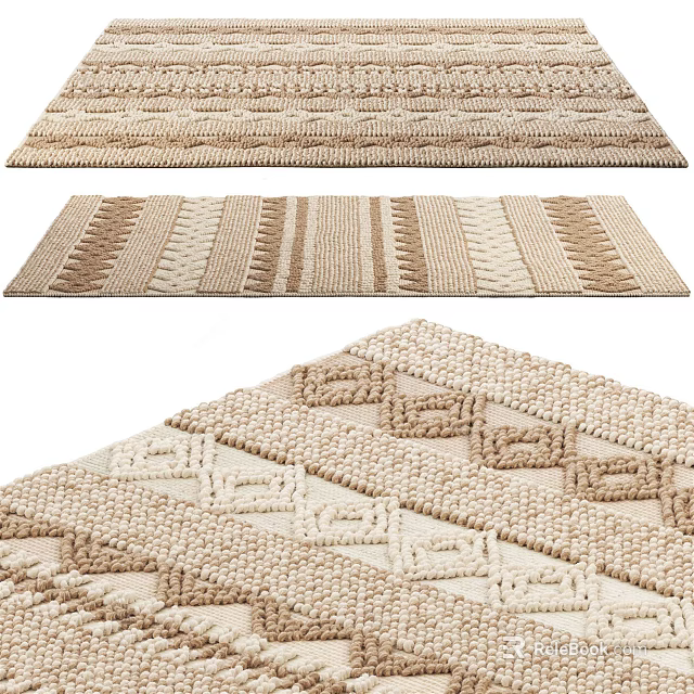 Minimalist Natural Beige Square Rug With Woven Stripes And Geometric Patterns 3d model 