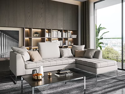 Modern Light Gray Sectional Sofa with Throw Pillows Coffee Table Bookshelves and Window View 3d model