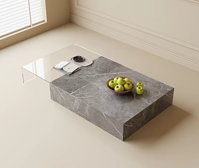 Modern Gray Marble Coffee Table With Glass Top And Green Apples 3d model