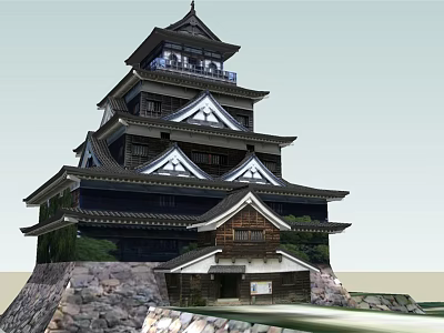 Traditional Japanese Ancient Castle Featuring Multi Layered Design Black Roof Stone Base And Greenery 3d model