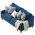 Cozy Blue Two Seater Sofa With Geometric Patterned Pillows And Beige Blanket 3d model