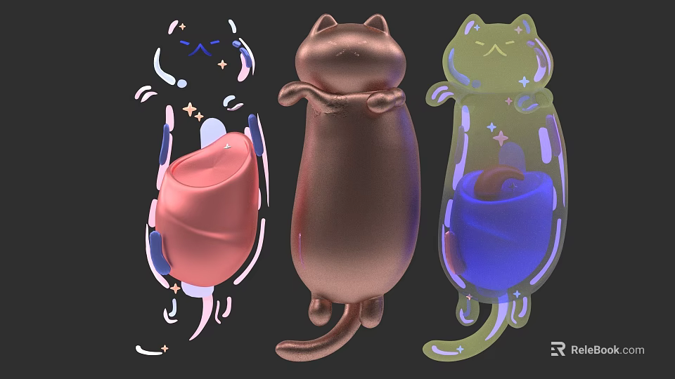 Colorful Shiny Cat Shaped Figurines In Pink Copper And Green With Star Decorations 3d model 