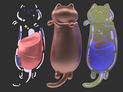 Colorful Shiny Cat Shaped Figurines In Pink Copper And Green With Star Decorations 3d model