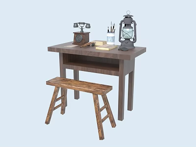 Rustic Wooden Table With Stool Vintage Telephone Lantern And Stationery 3d model