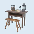 Rustic Wooden Table With Stool Vintage Telephone Lantern And Stationery