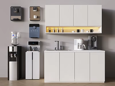 Modern Kitchen With White Cabinets And Daily Electrical Appliances Like Coffee Maker And Water Dispenser 3d model