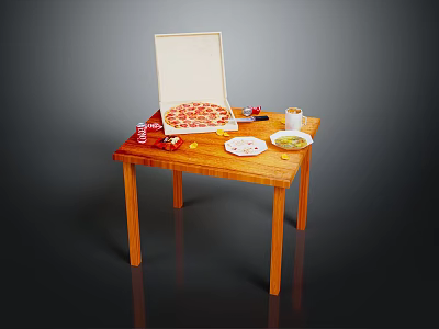 Delicious Pizza in Open Box with Coca-Cola Can Ketchup and Fresh Vegetables on Wooden Table 3d model