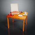 Delicious Pizza in Open Box with Coca-Cola Can Ketchup and Fresh Vegetables on Wooden Table