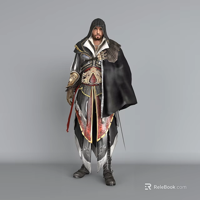 Game Movie Character In Hooded Robe Dark Cloak With Ornate Armor Red Accents And Sword 3d model 