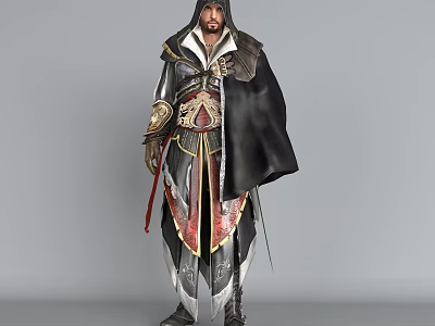 Game Movie Character In Hooded Robe Dark Cloak With Ornate Armor Red Accents And Sword 3d model
