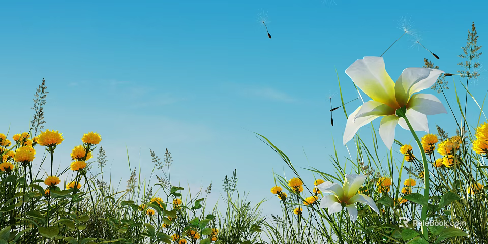 Beautiful White and Yellow Flowers with Green Grass and Dandelion Seeds Floating Under Blue Sky 3d model 