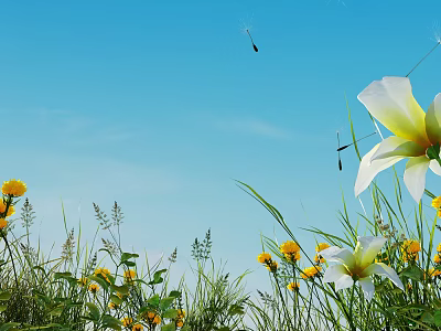 Beautiful White and Yellow Flowers with Green Grass and Dandelion Seeds Floating Under Blue Sky 3d model