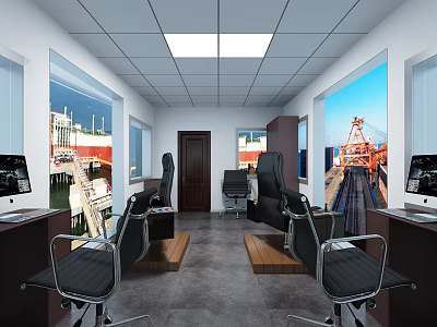Modern Monitoring Room Interior Setup With Desks Computers Chairs And Industrial Views Outside Windows 3d model