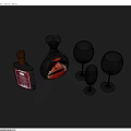 Two Red Wine Bottles and Three Clear Glass Wine Glasses Displayed Together