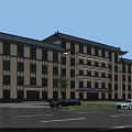 Chinese Style Office Building With Traditional Roof And Stone Exterior Near Parking Area And Trees
