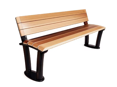 Outdoor Leisure Bench with Wooden Seat Backrest and Black Metal Legs 3d model