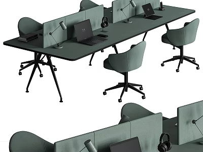 Modern Office Desk Setup With Dividers Laptops Table Lamps And Ergonomic Chairs 3d model