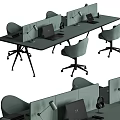 Modern Office Desk Setup With Dividers Laptops Table Lamps And Ergonomic Chairs