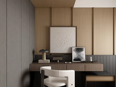 Modern Home Office Desk With Wooden Wall Artwork White Chair And Table Lamp 3d model