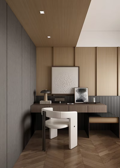 Modern Home Office Desk With Wooden Wall Artwork White Chair And Table Lamp 3d model