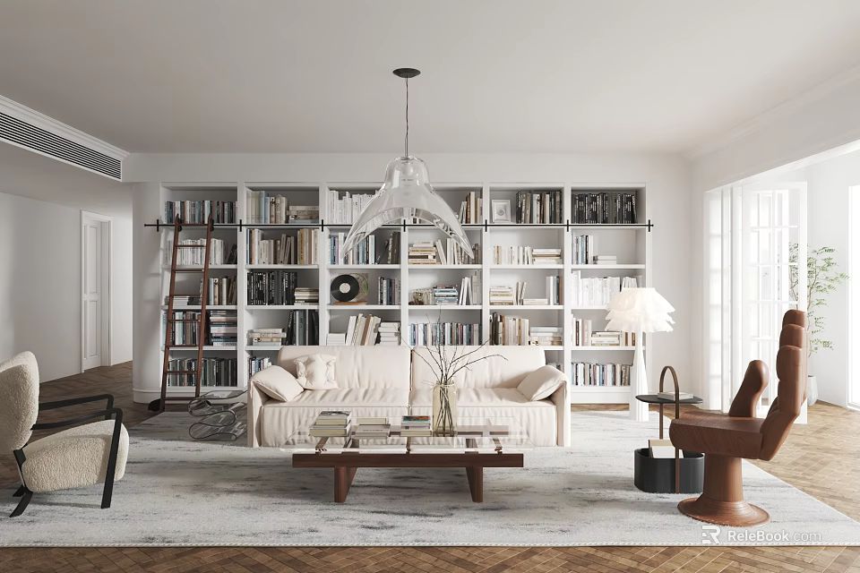 Modern Living Dining Room Interior With White Bookshelves Beige Sofa And Wooden Coffee Table 3d model 