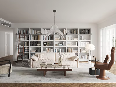 Modern Living Dining Room Interior With White Bookshelves Beige Sofa And Wooden Coffee Table 3d model