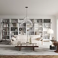 Modern Living Dining Room Interior With White Bookshelves Beige Sofa And Wooden Coffee Table
