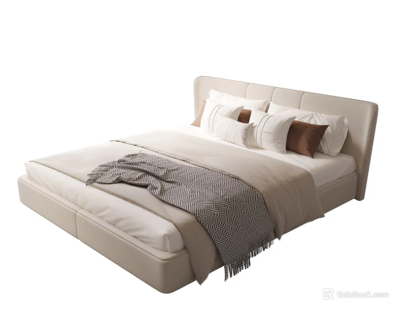 Modern Double Bed with Light Colored Headboard White and Brown Pillows and Gray Blanket 3d model 