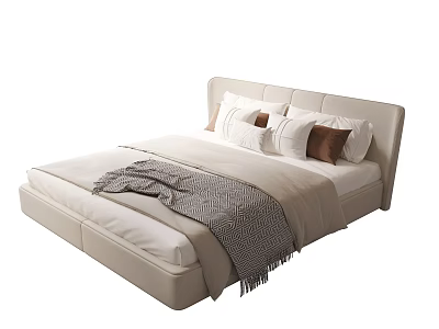 Modern Double Bed with Light Colored Headboard White and Brown Pillows and Gray Blanket 3d model