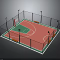 Fenced Outdoor Basketball Court With Green Pink Surface Lighting Poles And Hoop