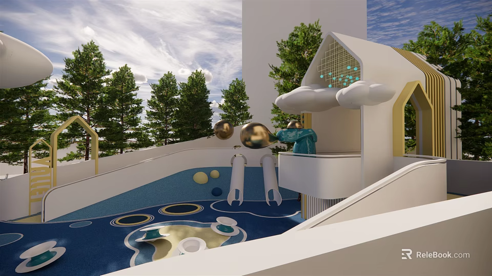Fun Outdoor Kids Play Area with Cloud Shaped Structures Colorful Floor Slide and Play Balls 3d model 