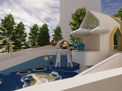 Fun Outdoor Kids Play Area with Cloud Shaped Structures Colorful Floor Slide and Play Balls 3d model
