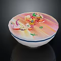 Fresh Colorful Salad in White Bowl with Blue Stripes on Black Background