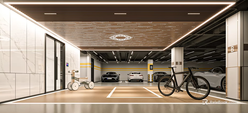 Modern Parking Garage Design With Well Lit Ceiling Parked Cars Floor Markings And Bicycle 3d model 