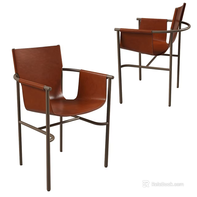 Stylish Brown Leather Dining Chairs With Modern Metal Frame Design 3d model 