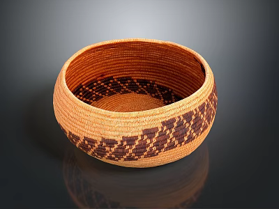 Handwoven Brown Storage Basket With Intricate Dark Geometric Patterns For Home Use 3d model