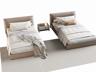 Two Cozy Single Beds With Bedside Tables Table Lamp Pillows Duvets And Striped Rug 3d model